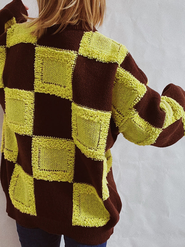 Casual Checkerboard Colourblock Crewneck Long Sleeve Sweater - Sweet Cokie