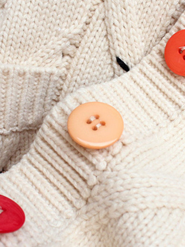 Cute Embroidered Loose Cropped Knit Cardigan with Patch Pockets - Sweet Cokie