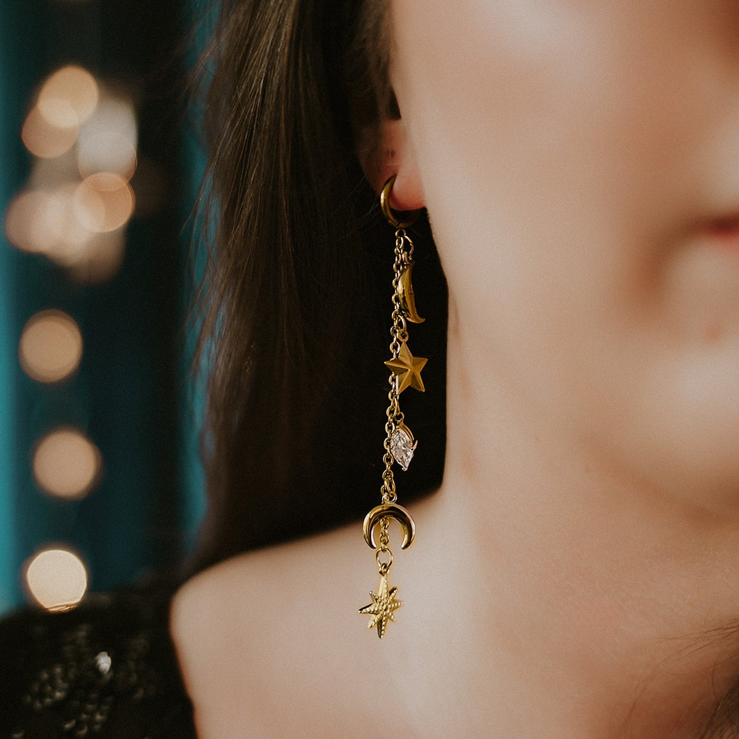 Gold Cassiopeia Star and Moon Earrings - Sweet Cokie