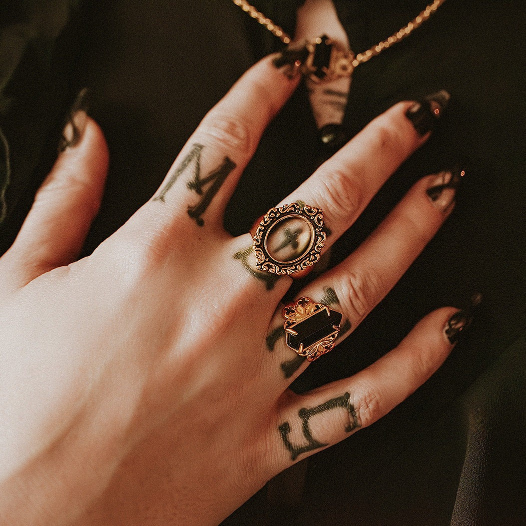 Repent Medieval Black Gemstone Gold Ring - Sweet Cokie