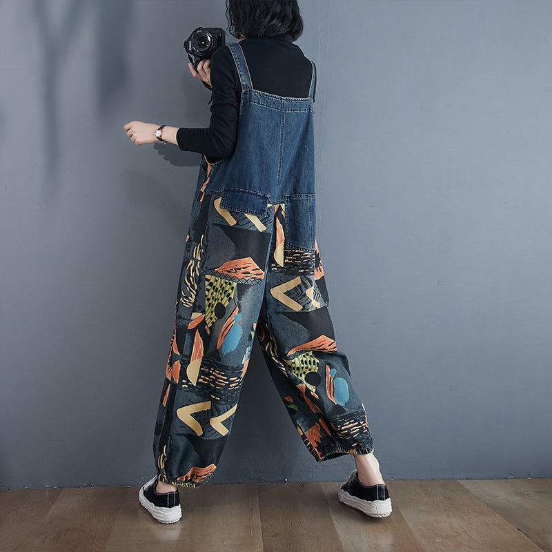 Abstract Print Denim Rompers - Sweet Cokie 