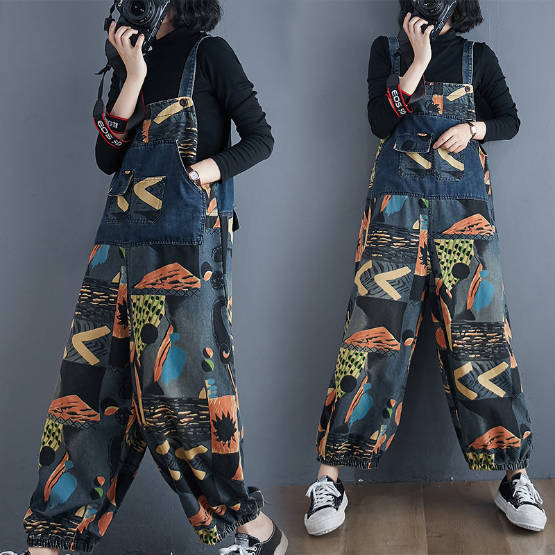 Abstract Print Denim Rompers - Sweet Cokie 
