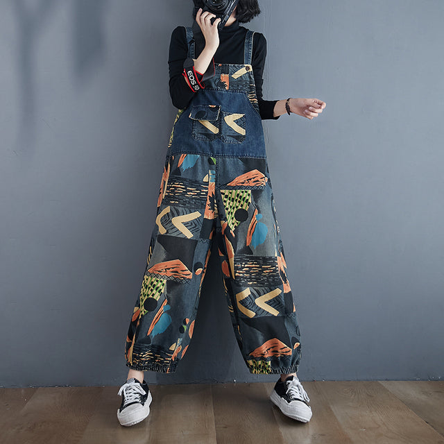 Abstract Print Denim Rompers - Sweet Cokie 
