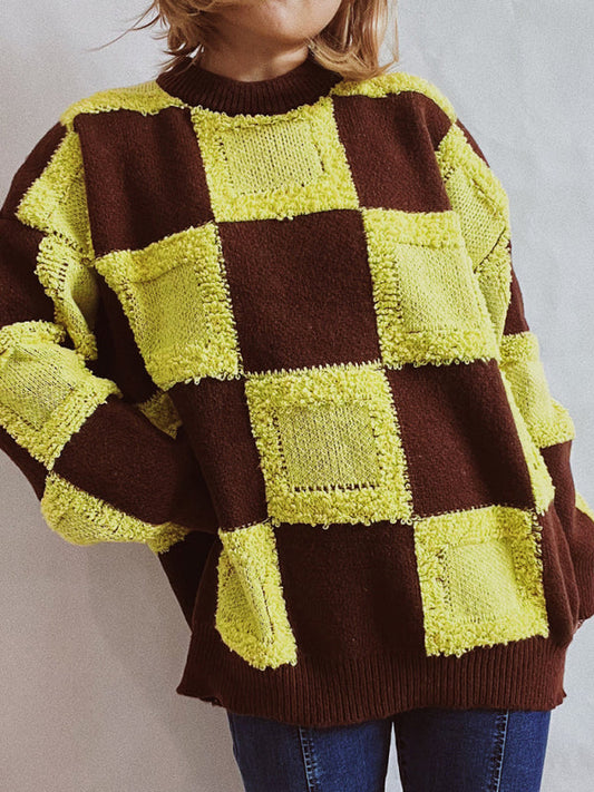 Casual Checkerboard Colourblock Crewneck Long Sleeve Sweater - Sweet Cokie 