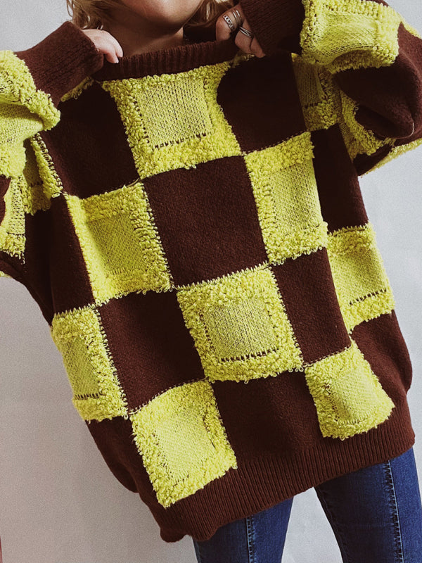 Casual Checkerboard Colourblock Crewneck Long Sleeve Sweater - Sweet Cokie 