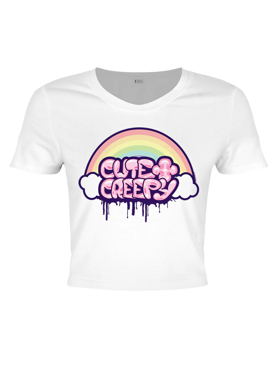 Cute & Creepy Ladies Pastel Goth White Crop Top - Sweet Cokie 