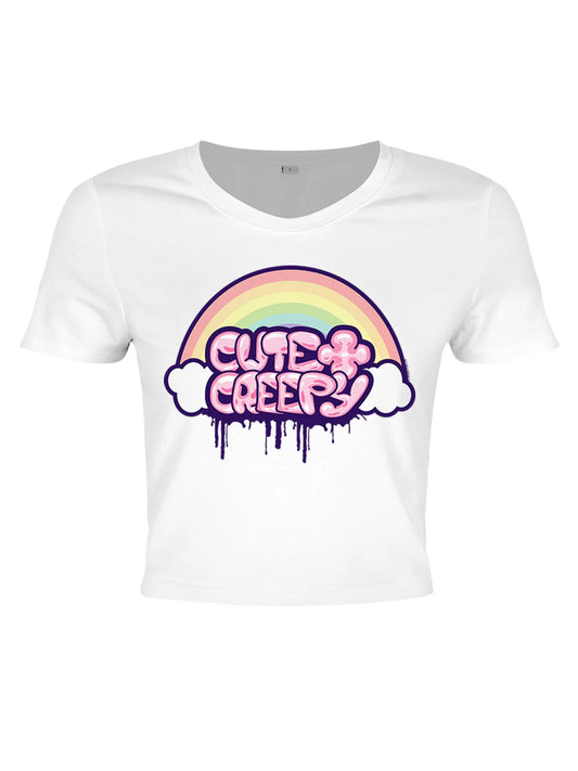 Cute & Creepy Ladies Pastel Goth White Crop Top - Sweet Cokie 