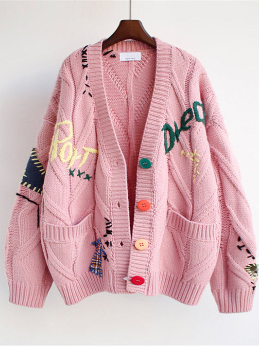 Cute Embroidered Loose Cropped Knit Cardigan with Patch Pockets - Sweet Cokie 