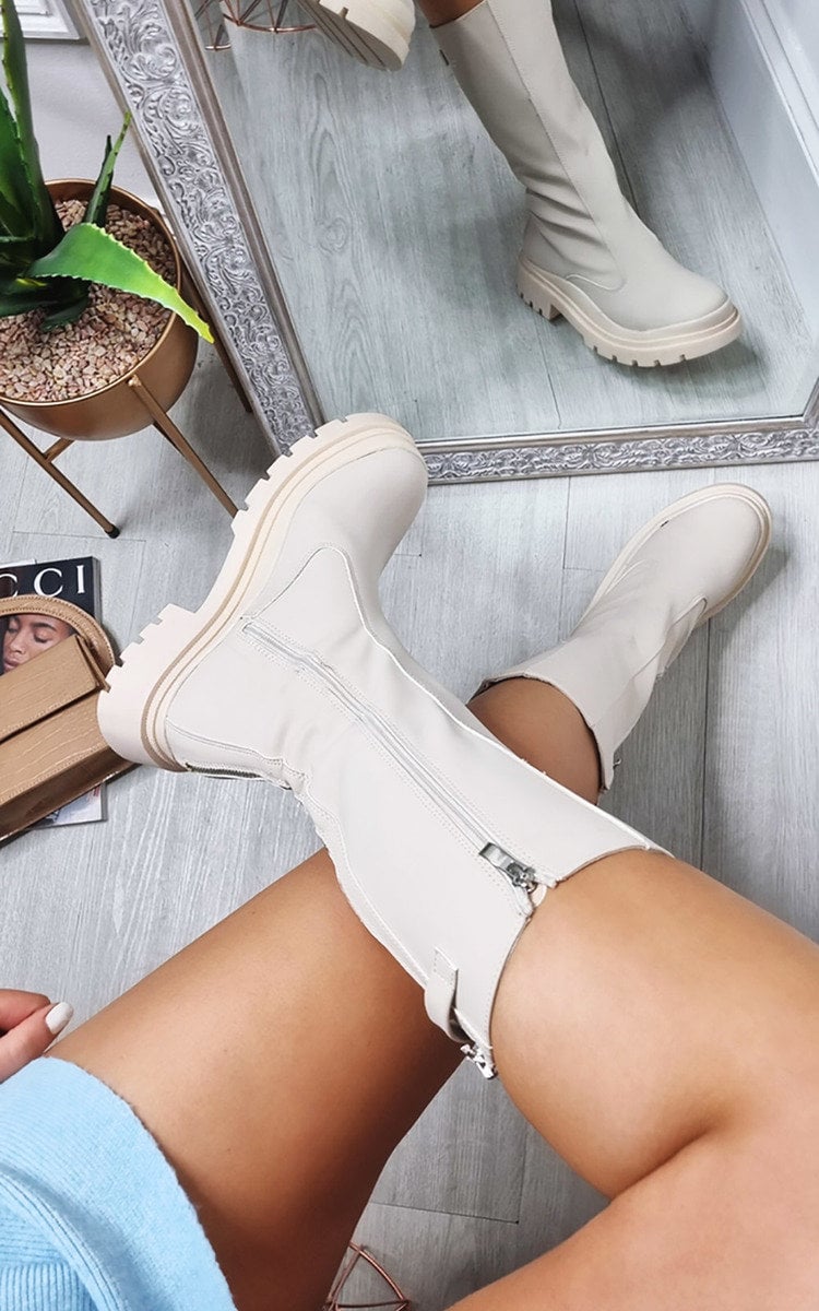 Faux Leather Chunky Platform Boots - Sweet Cokie 