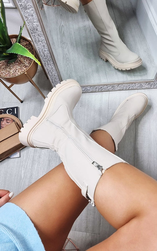 Faux Leather Chunky Platform Boots - Sweet Cokie 