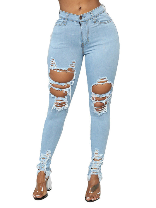 Hollow Out Solid Women Pencil Jeans - Sweet Cokie 