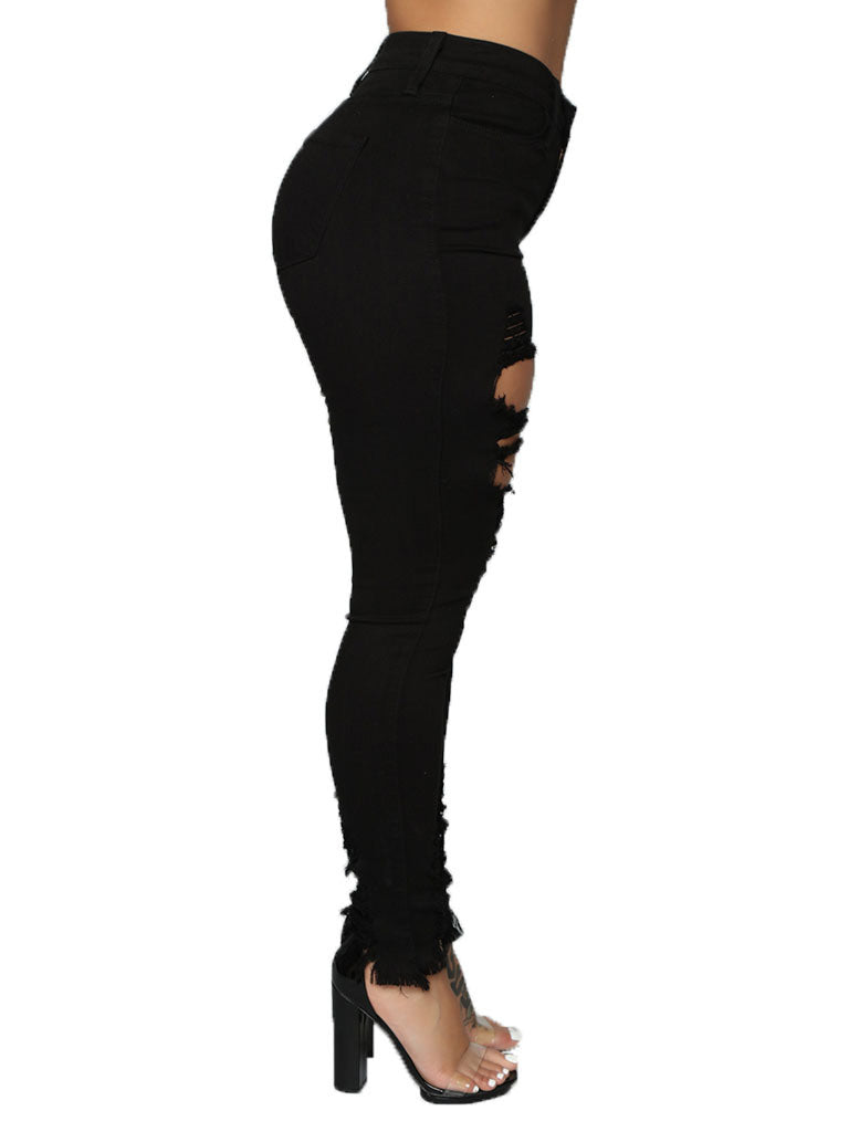 Hollow Out Solid Women Pencil Jeans - Sweet Cokie 