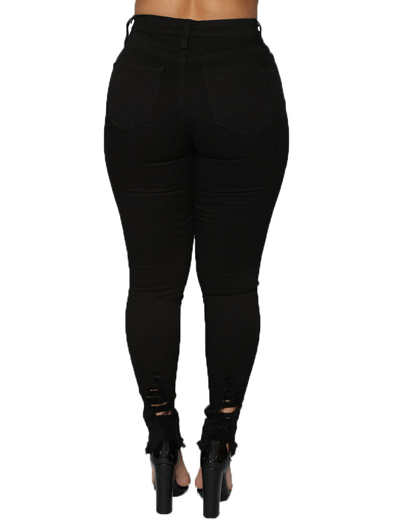 Hollow Out Solid Women Pencil Jeans - Sweet Cokie 
