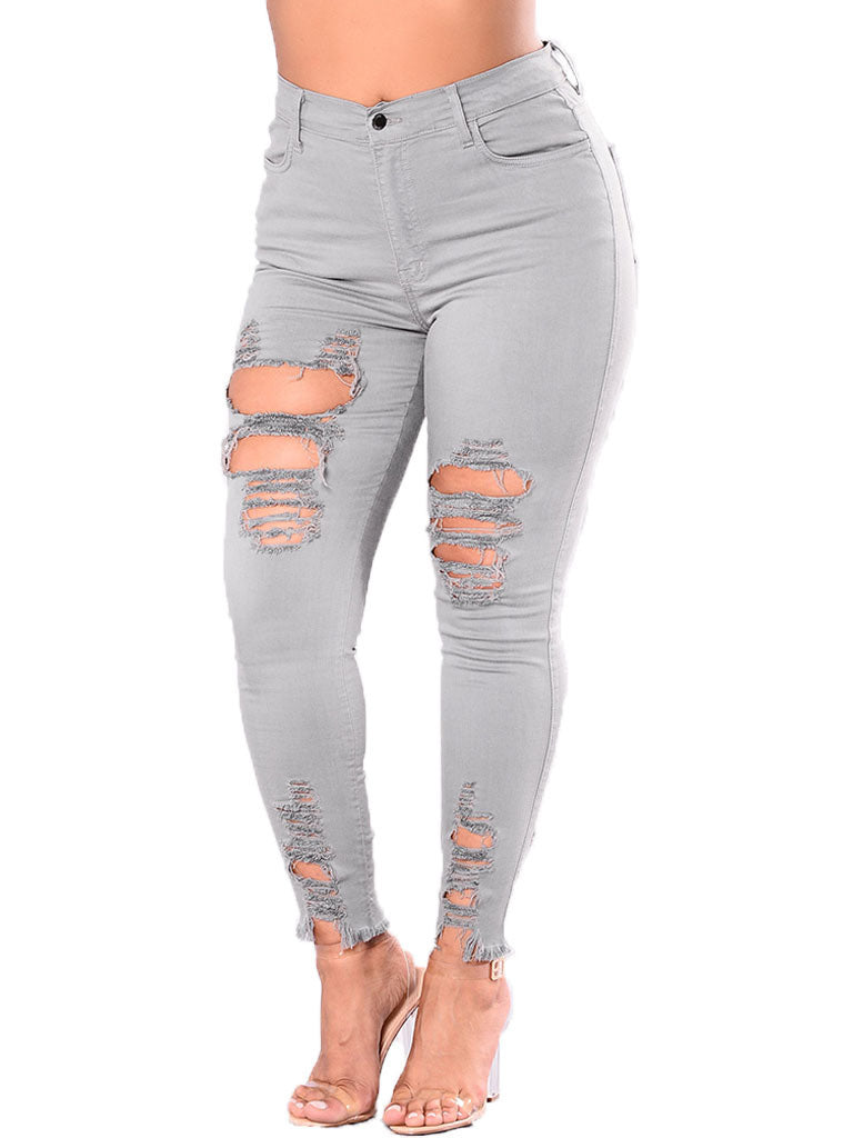 Hollow Out Solid Women Pencil Jeans - Sweet Cokie 