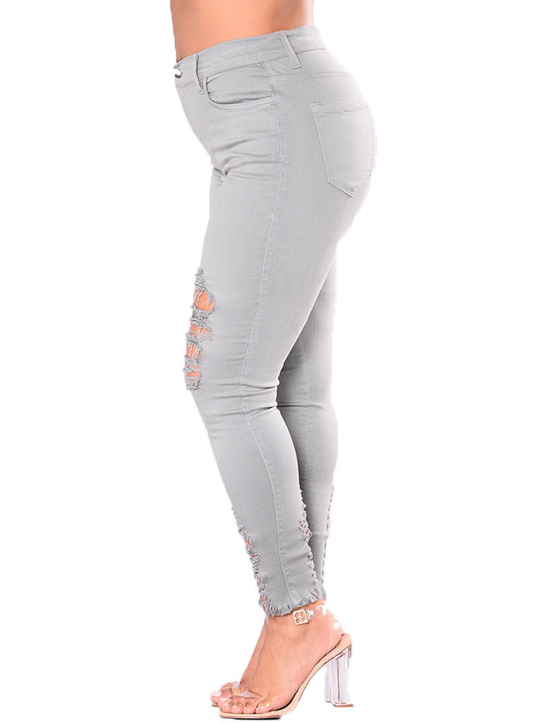 Hollow Out Solid Women Pencil Jeans - Sweet Cokie 