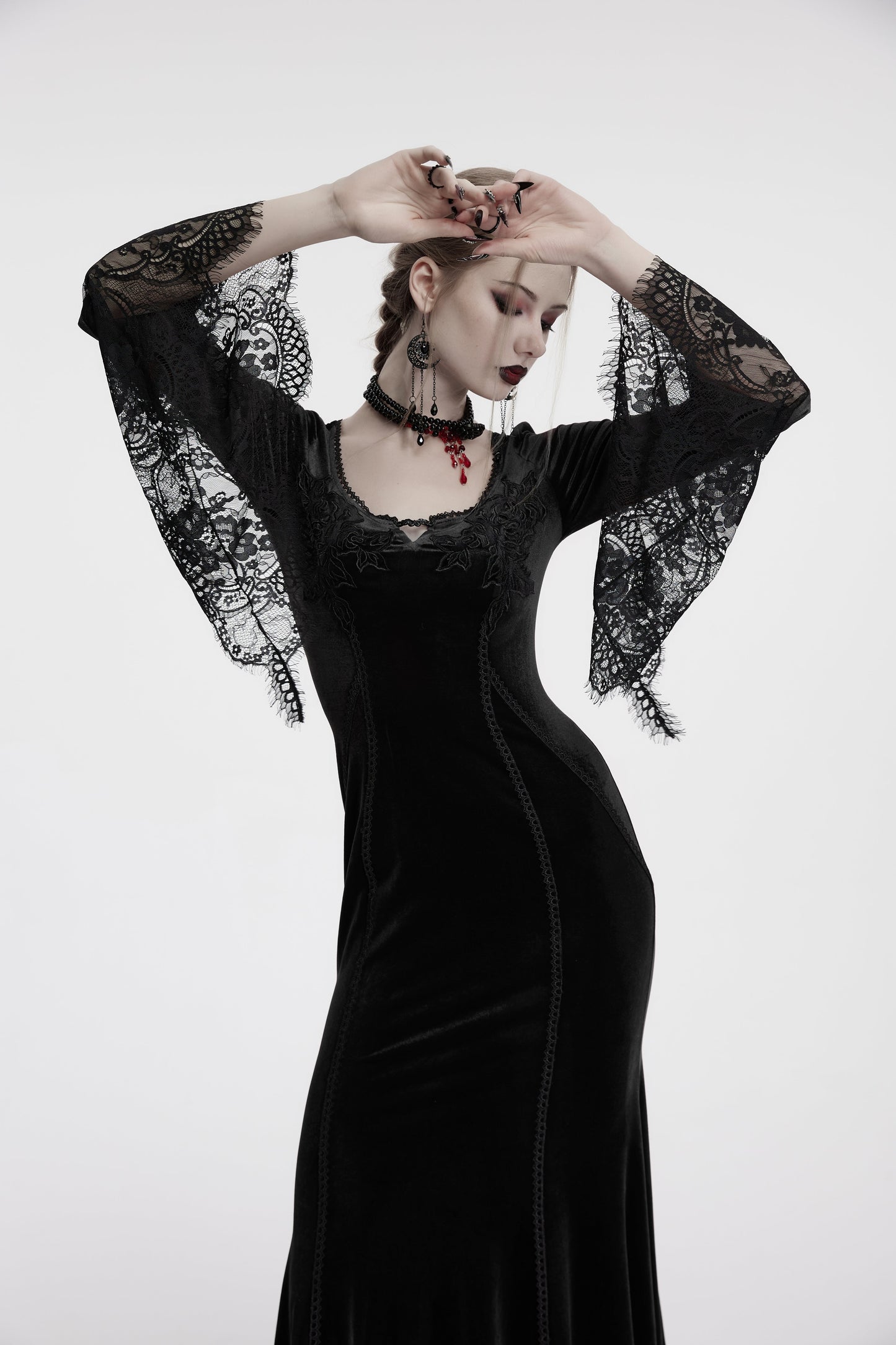 Punk Rave Isolde Velvet Lace Sleeve Dress In Black - Sweet Cokie 