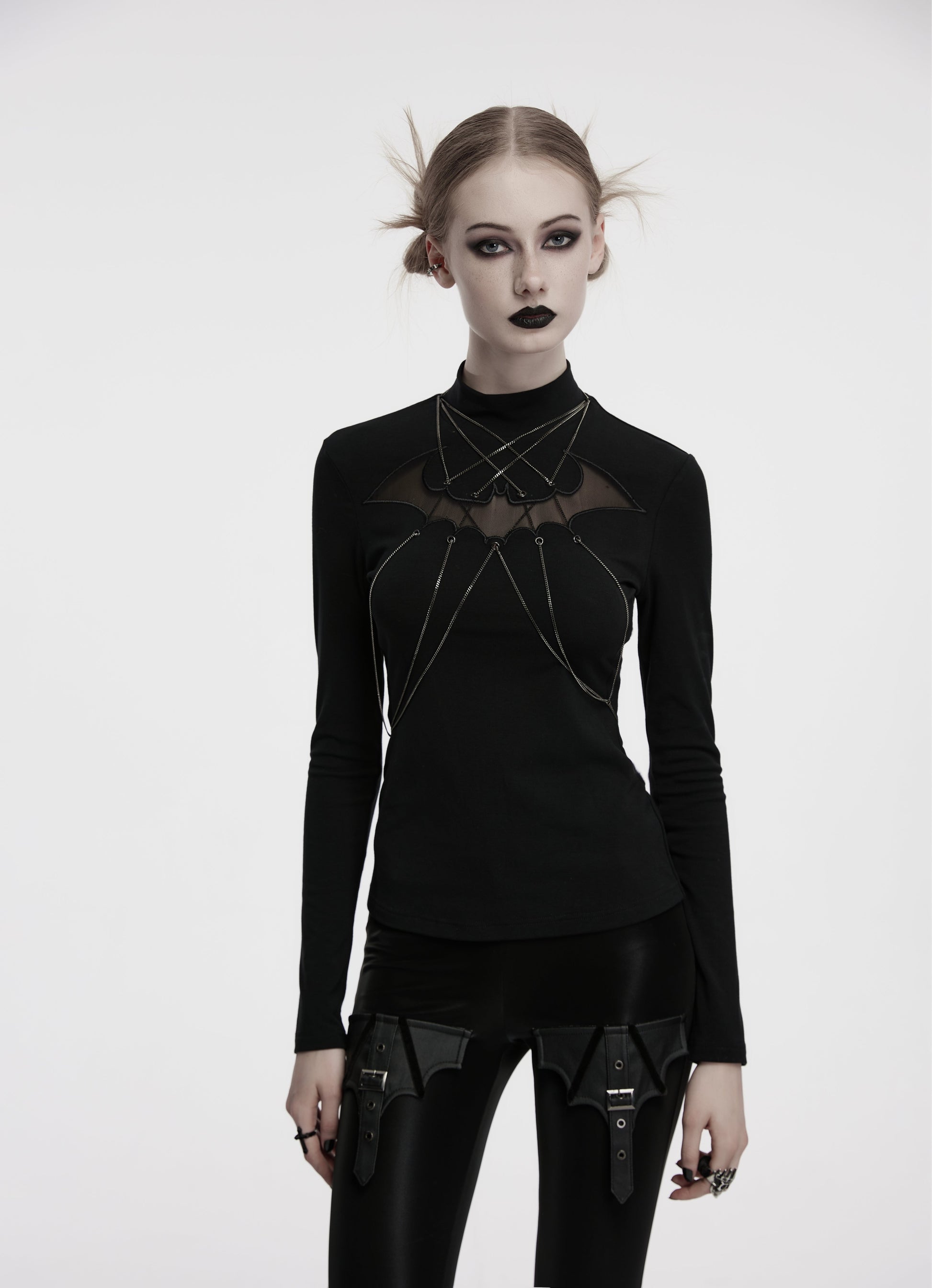 Punk Rave Morrigan Bat Chain Goth Top In Black - Sweet Cokie