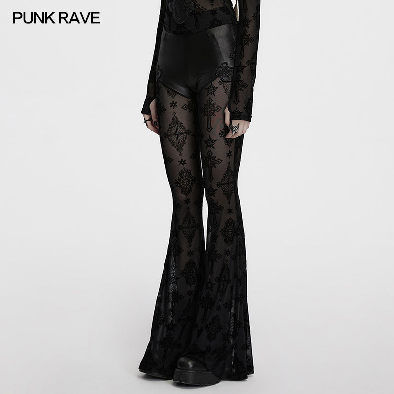 Punk Rave Seraphina Gothic Lace Flares - Cross Flocking Mesh Leggings - Sweet Cokie