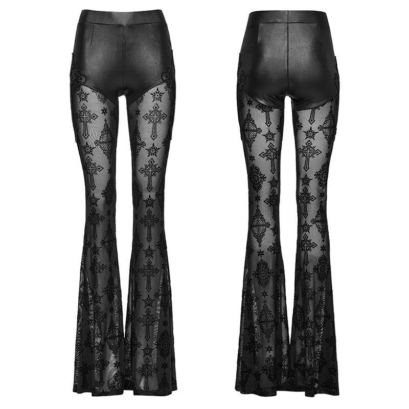 Punk Rave Seraphina Gothic Lace Flares - Cross Flocking Mesh Leggings - Sweet Cokie