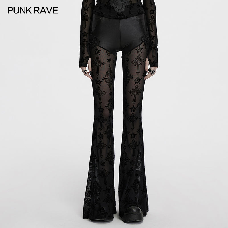 Punk Rave Seraphina Gothic Lace Flares - Cross Flocking Mesh Leggings - Sweet Cokie
