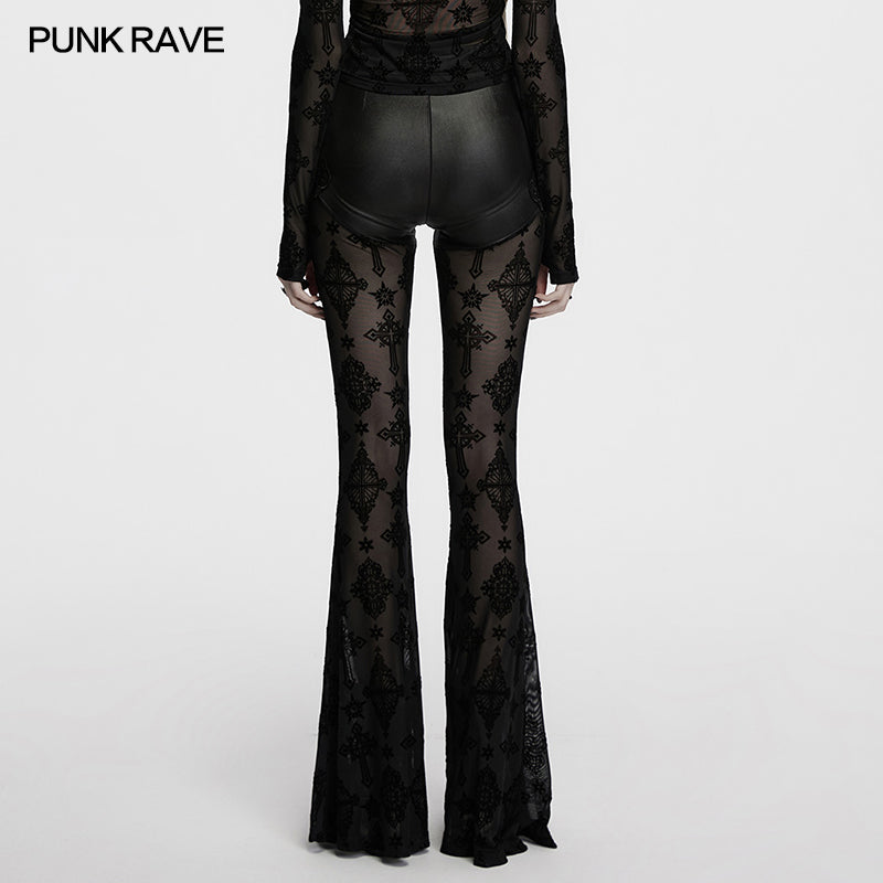 Punk Rave Seraphina Gothic Lace Flares - Cross Flocking Mesh Leggings - Sweet Cokie