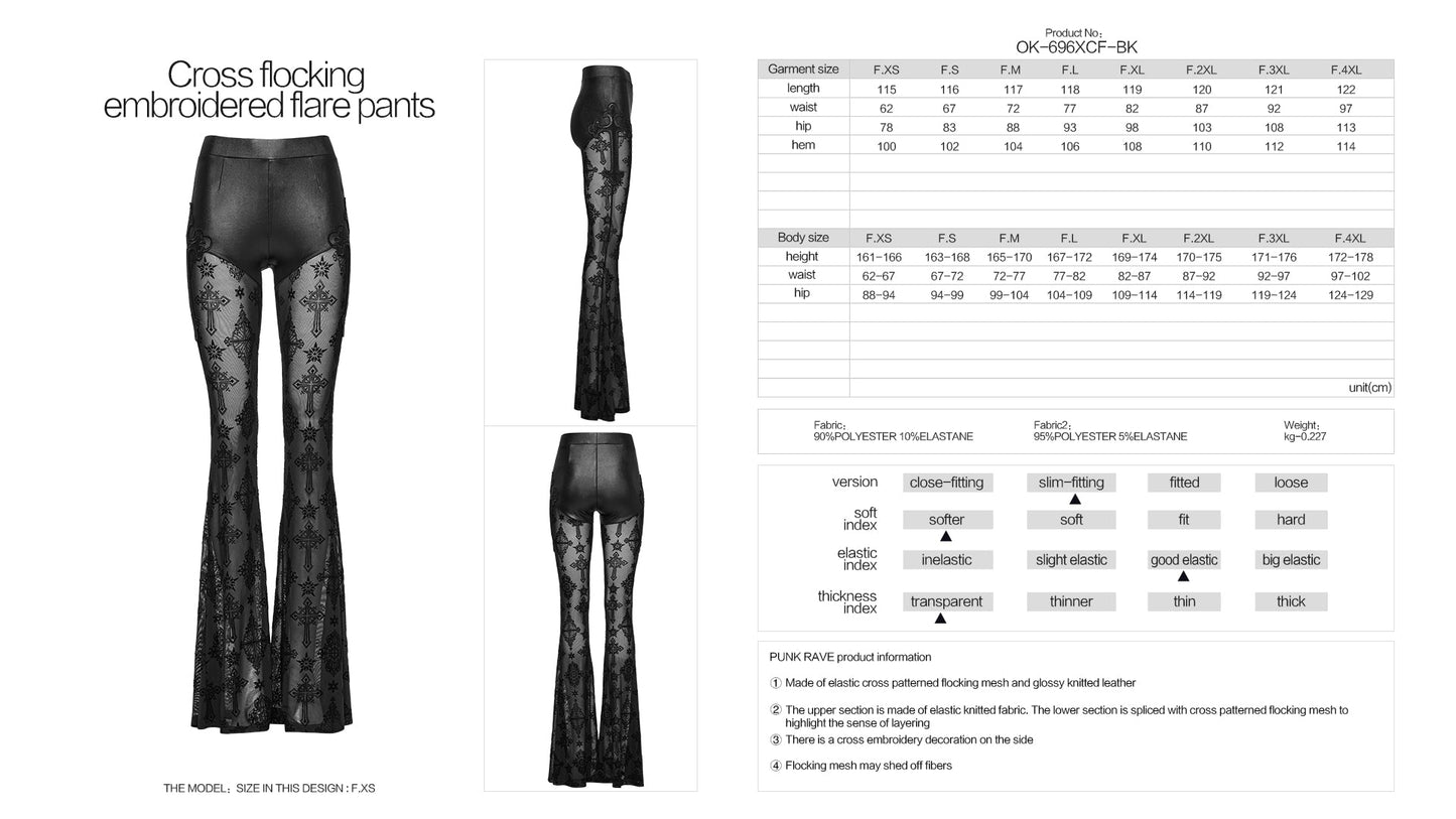 Punk Rave Seraphina Gothic Lace Flares - Cross Flocking Mesh Leggings - Sweet Cokie