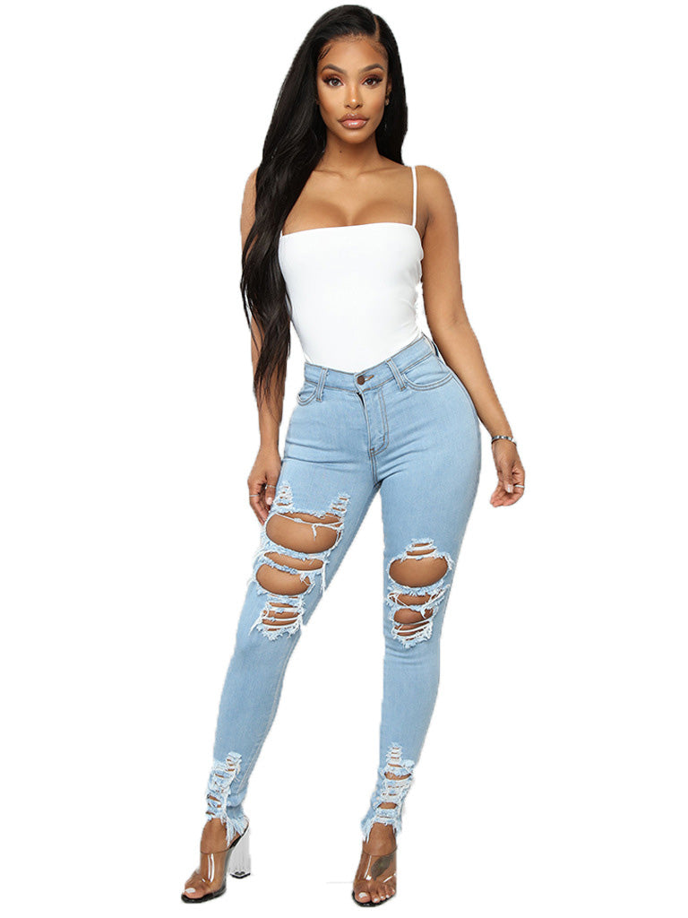 Trendy Hollow Out Solid Women Pencil Jeans - Sweet Cokie 