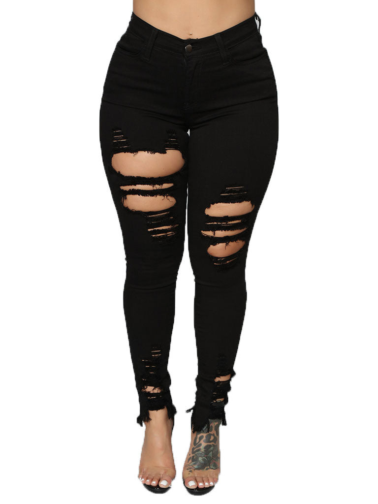Trendy Hollow Out Solid Women Pencil Jeans - Sweet Cokie 