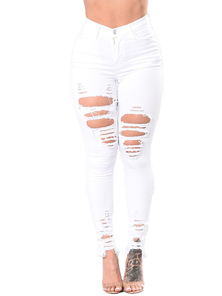 Trendy Hollow Out Solid Women Pencil Jeans - Sweet Cokie 