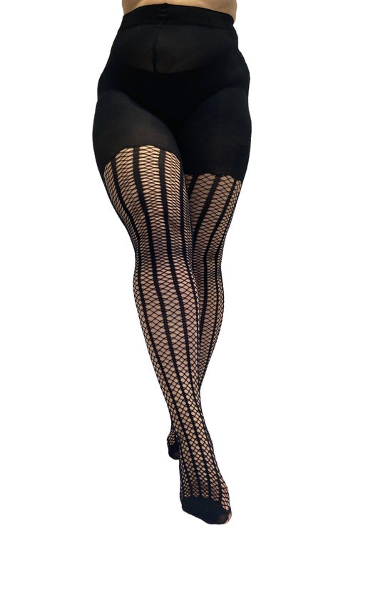 Vertical Stripe Fishnet Tights Curvy Super Stretch - Sweet Cokie 