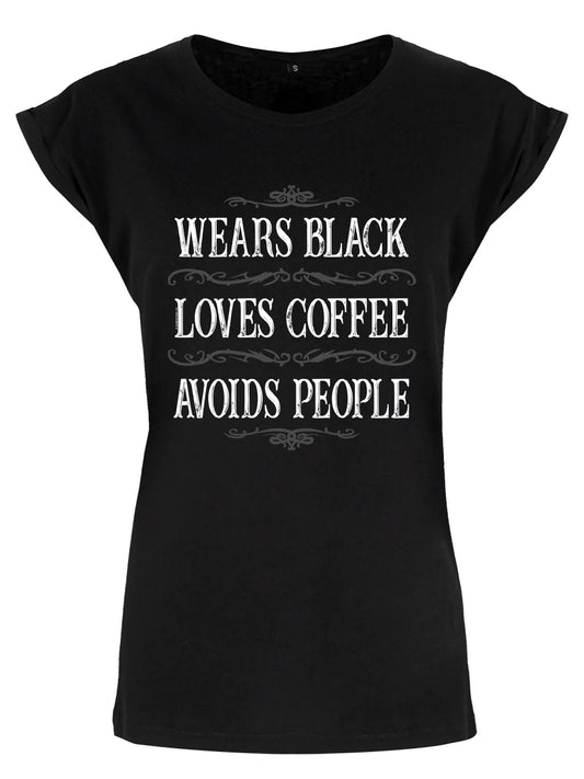 Wears Black Avoids People Ladies Premium Black T-Shirt - Sweet Cokie 