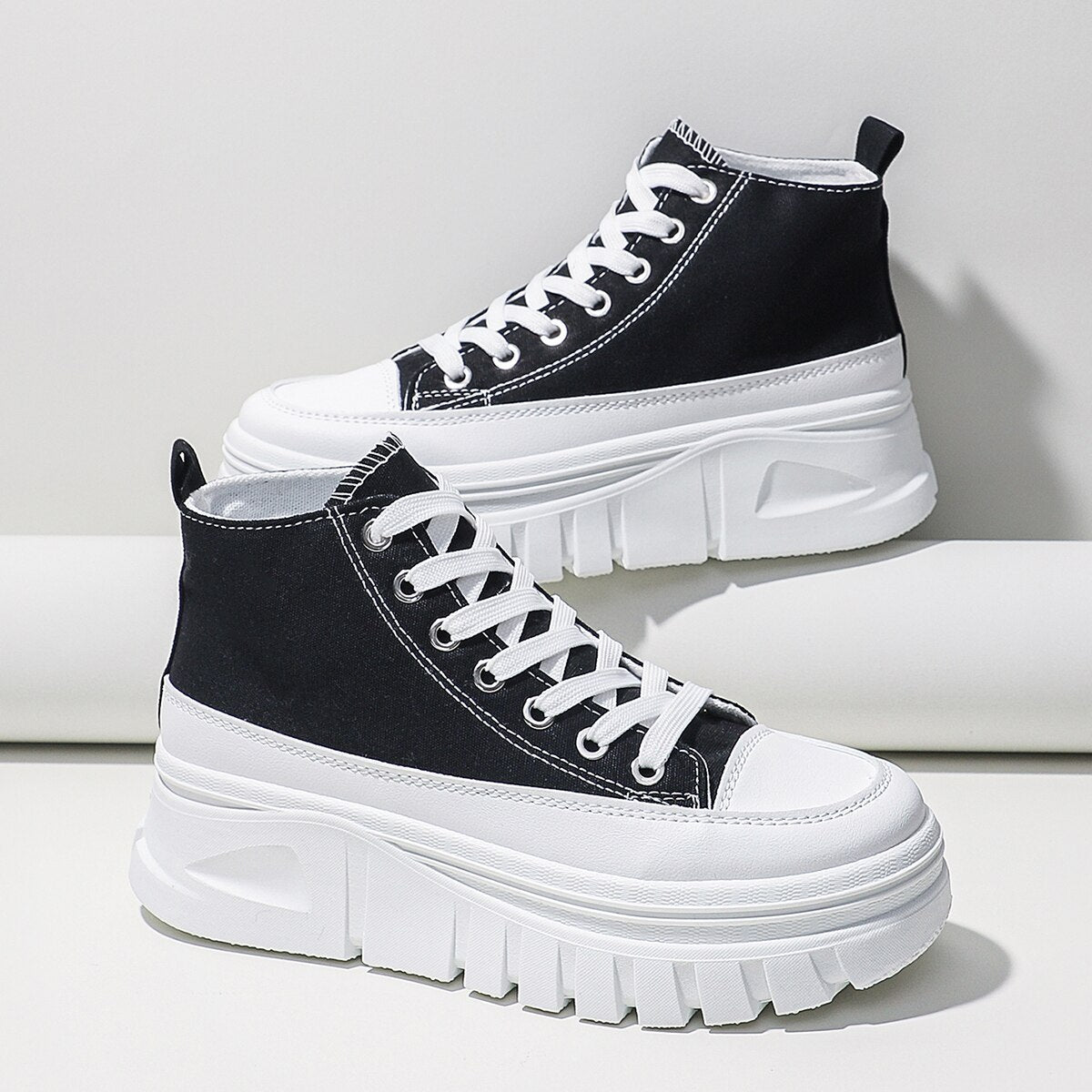 Women Lace-Up Front High Top Flatform Canvas Shoes - Sweet Cokie 