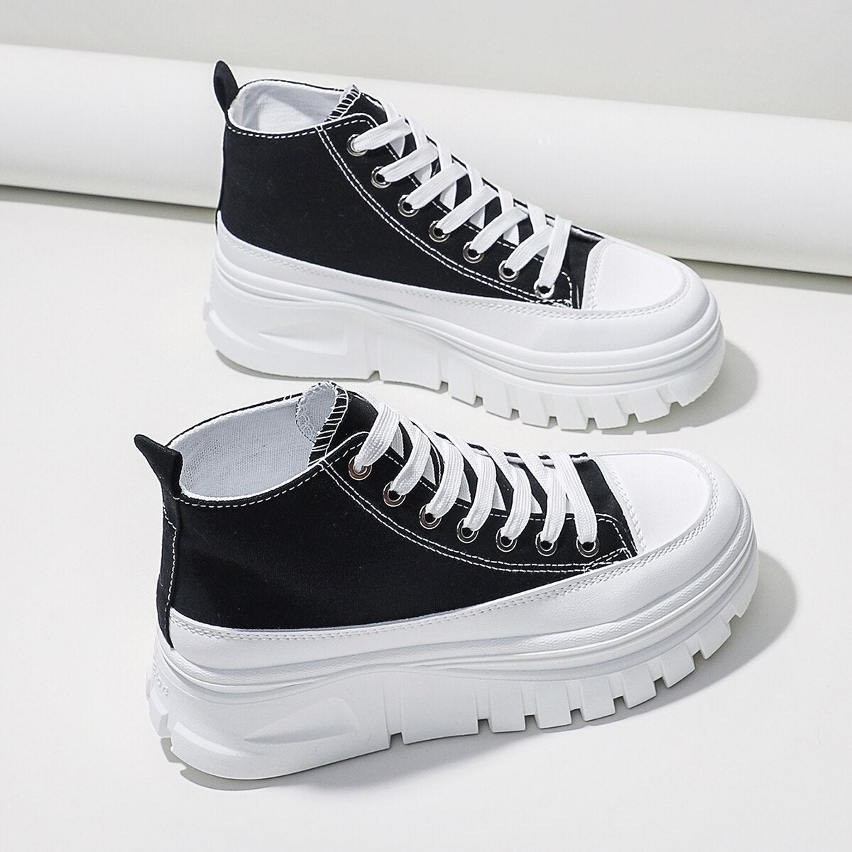 Women Lace-Up Front High Top Flatform Canvas Shoes - Sweet Cokie 