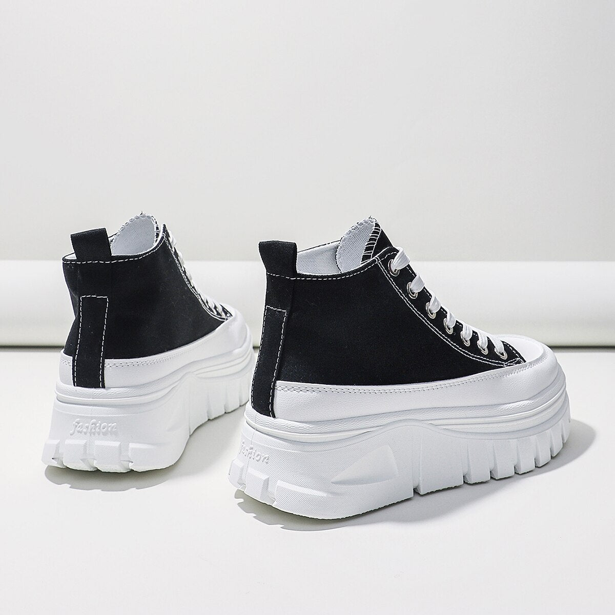Women Lace-Up Front High Top Flatform Canvas Shoes - Sweet Cokie 