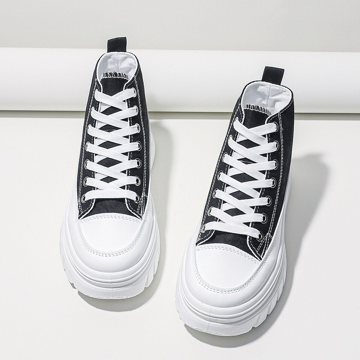 Women Lace-Up Front High Top Flatform Canvas Shoes - Sweet Cokie 