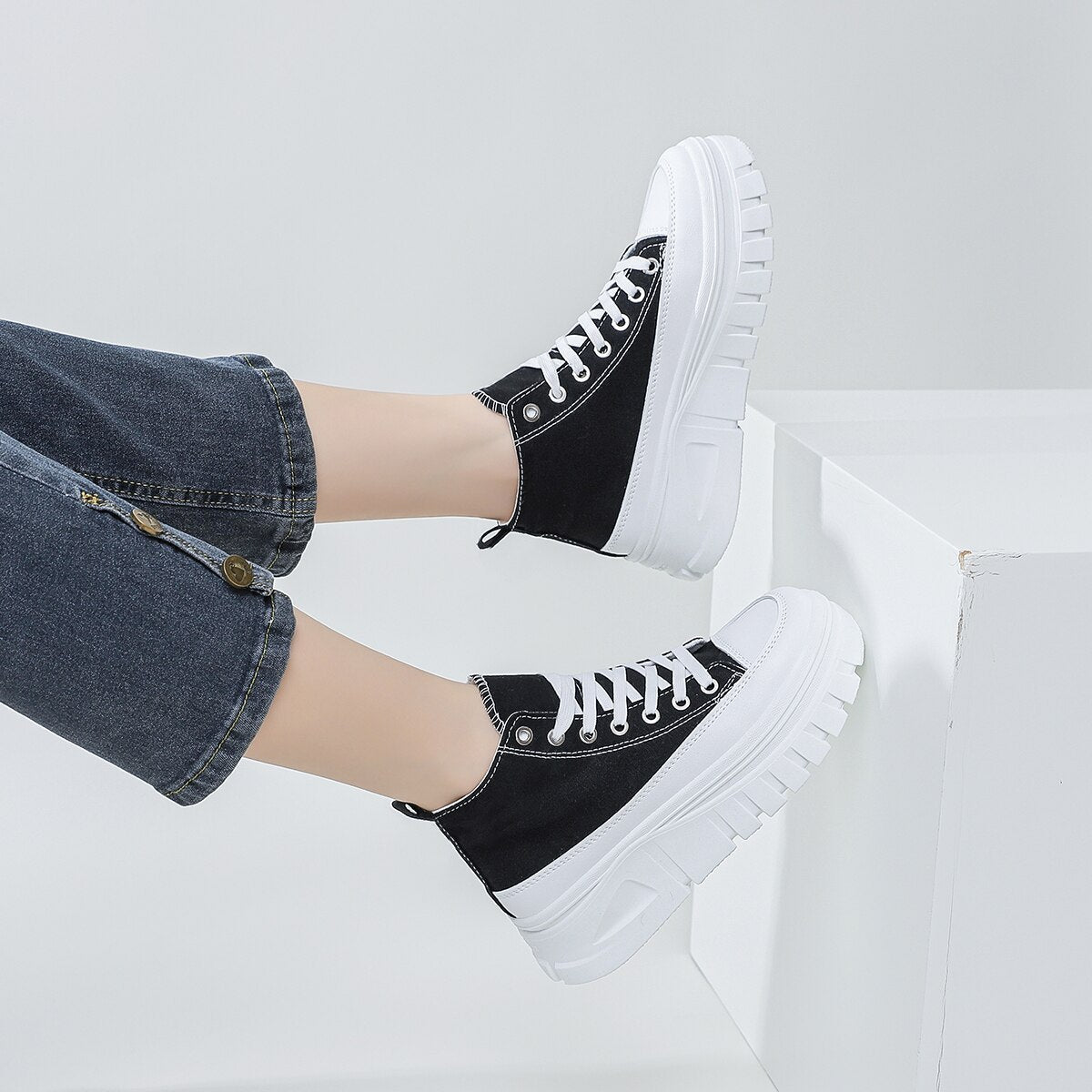 Women Lace-Up Front High Top Flatform Canvas Shoes - Sweet Cokie 
