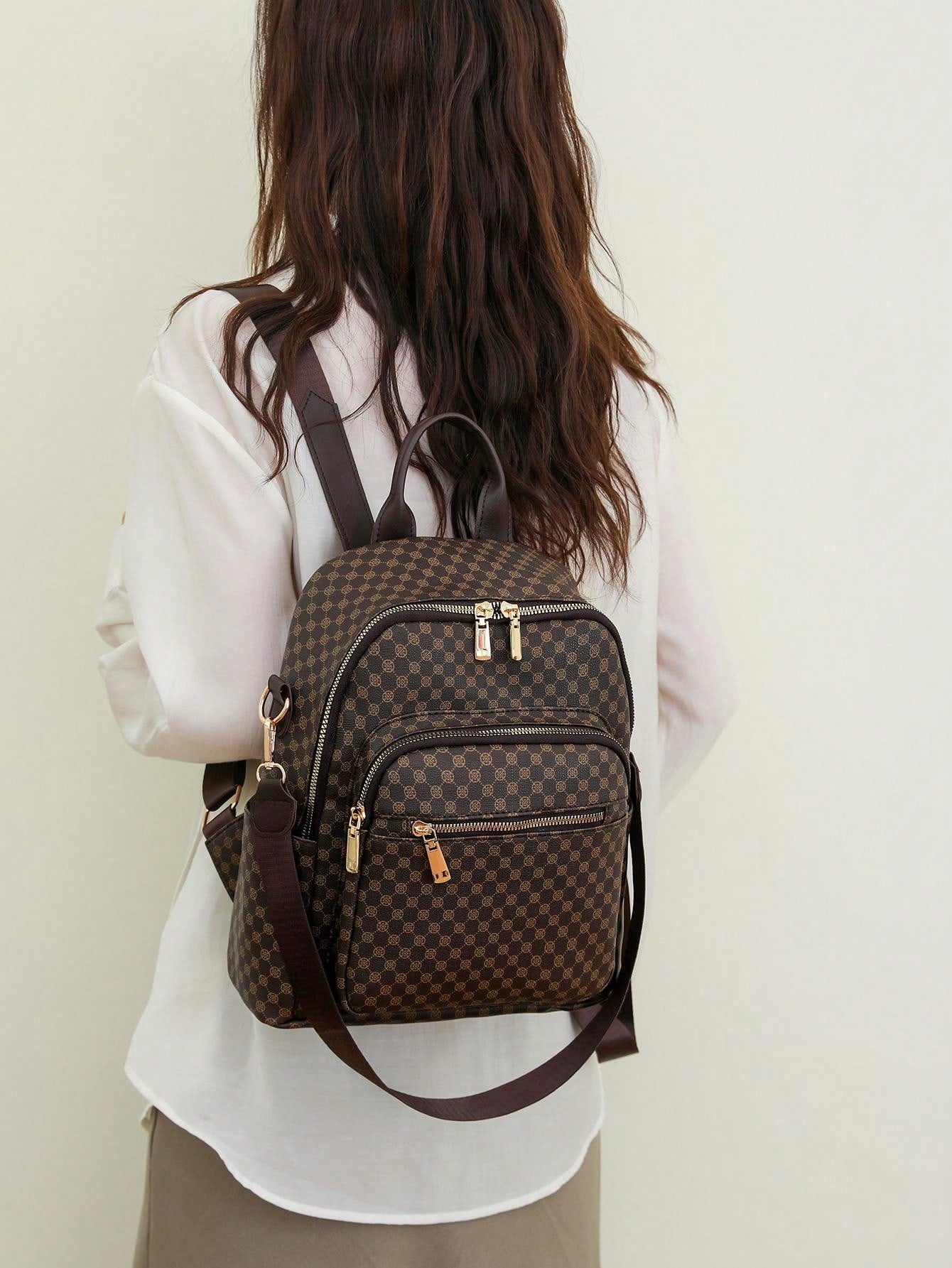 Women's Retro Pu Plaid Backpack, Fashionable And Versatile, Embroidered Travel Shoulder Bag For Students - Sweet Cokie 