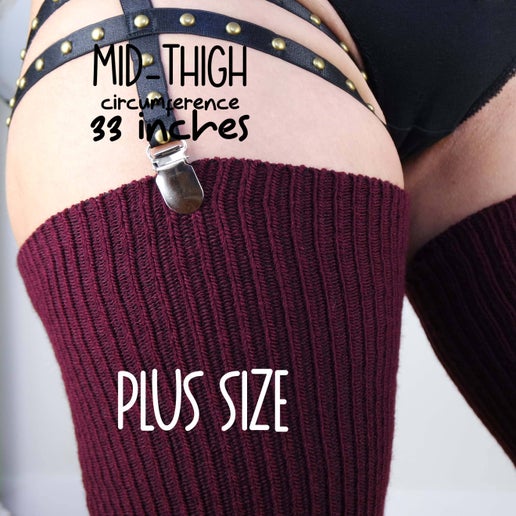 Women's Ribbed Maroon Plus Size Thigh High Socks